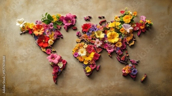 Obraz World map crafted from colorful flowers, arranged to resemble continents