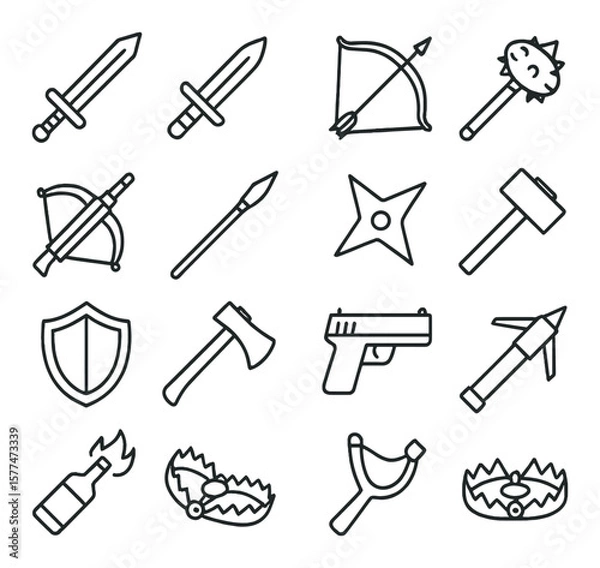 Fototapeta Game weapon icons collection, simple combat tools. armory and battle symbol set