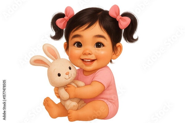 Obraz Happy baby girl holding a plush rabbit toy on a transparent background. children’s products, parenting, and family themesю Joyful image evokes warmth and innocence.
