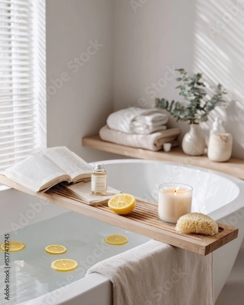 Obraz Relaxing bath setup with candles, lemon slices, and a book in a serene bathroom environment