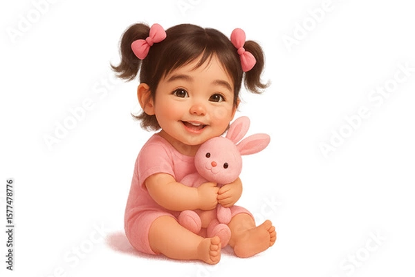 Obraz Happy baby girl holding a plush rabbit toy on a transparent background. children’s products, parenting, and family themesю Joyful image evokes warmth and innocence.