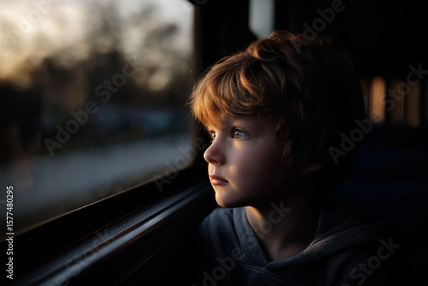 Obraz Blonde schoolchild looking out of school bus window on the way to school