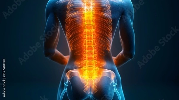 Fototapeta 3D rendering of the human spine with glowing vertebrae, illustrating back pain or inflammation in a medical anatomy context.