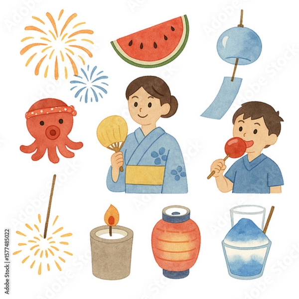 Obraz 夏の風物詩水彩風イラストセット