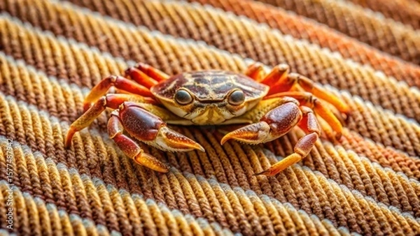 Fototapeta A small crab with vibrant orange and brown shell sits on a textured, striped surface