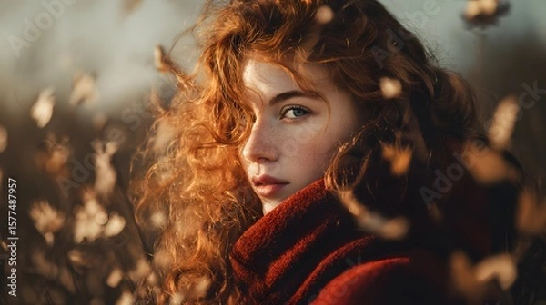 Fototapeta Portrait of a woman with red curly hair wearing a red coat surrounded by falling leaves in autumn