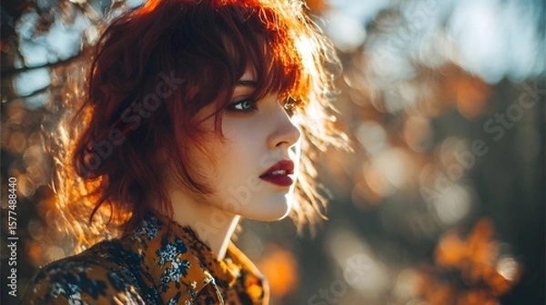 Fototapeta Portrait of a woman with red hair and red lipstick in profile view against a blurred background