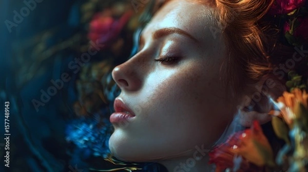 Fototapeta Close up of a woman's face with red hair surrounded by colorful flowers and a dark blue background