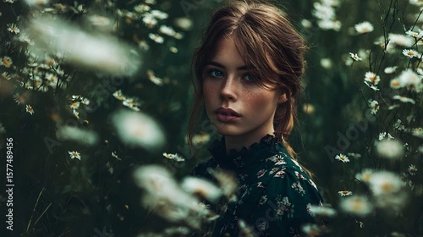 Fototapeta Portrait of a woman with brown hair in a field of daisies looking at the camera with a serious look