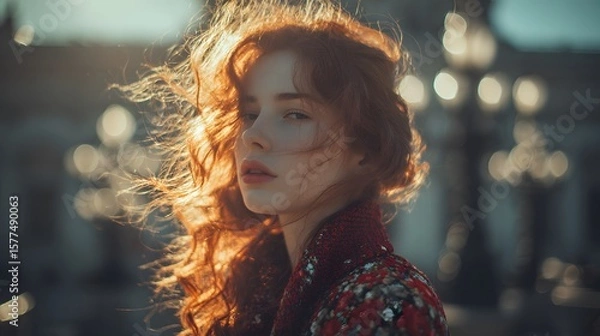 Fototapeta Portrait of a woman with red hair wearing a floral coat in front of a blurred background at sunset