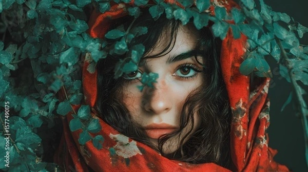 Fototapeta Portrait of a woman with a red floral headscarf surrounded by green leaves in a close up view