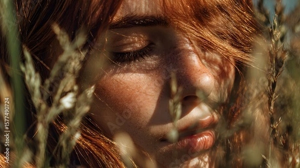 Fototapeta Close up of a woman with red hair and freckles surrounded by tall grass in a natural setting outdoors