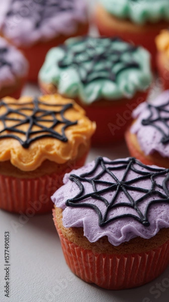 Fototapeta Colorful cupcakes with spiderweb icing for Halloween celebration