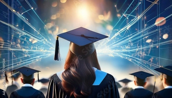 Fototapeta digital education graduation caps soaring into the future of online learning