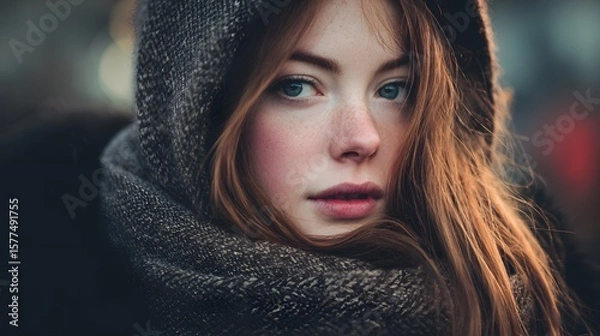 Fototapeta Portrait of a young woman with red hair wearing a gray scarf and hood looking directly at the viewer