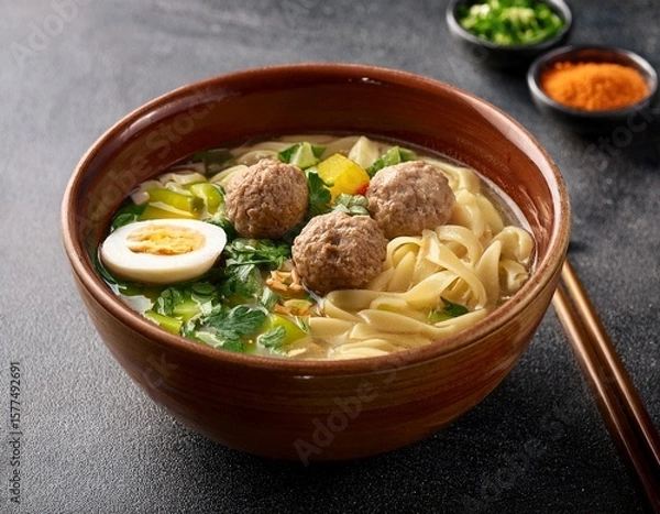 Fototapeta a bowl of bakso is a traditional comfort food that is served with meatballs soup noodles onions and various vegetables