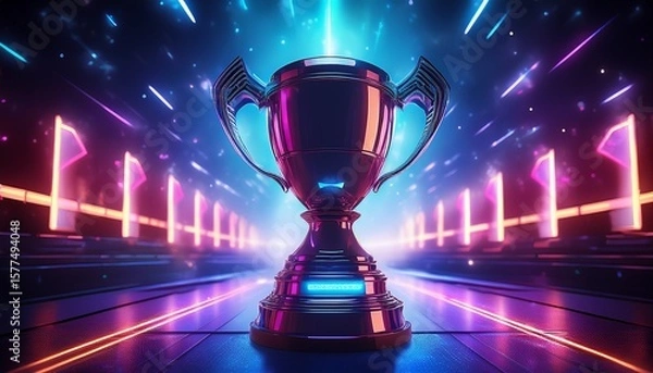 Fototapeta e sports trophy against a futuristic neon lit night sky created with generative ai technology