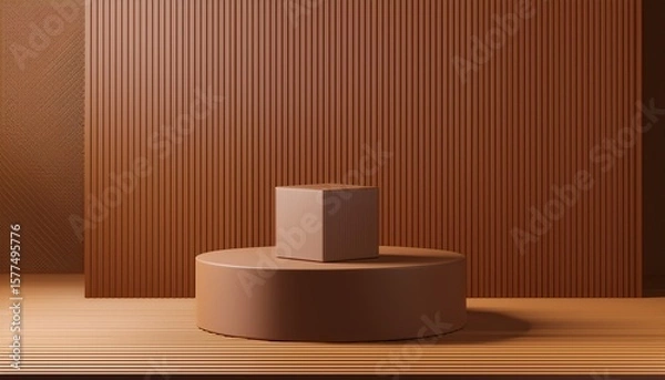 Fototapeta realistic brown 3d cylindrical podium background with cube box on slatted wood panel minimalist mockup pedestal or abstract product display presentation stage for showcase platforms design