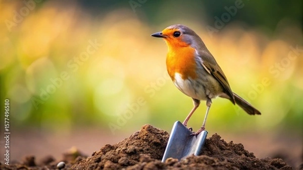 Fototapeta A small bird perched atop a gardening tool, amidst a softly blurred natural backdrop