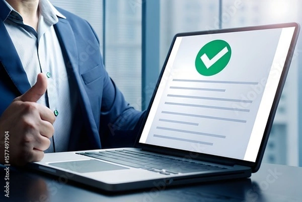 Obraz Professional Giving Thumbs-Up with Laptop Displaying Approved Document and Green Checkmark in Modern Office Environment