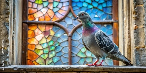 Fototapeta A rock dove perched on a windowsill, showcasing iridescent plumage against a vibrant stained-glass background