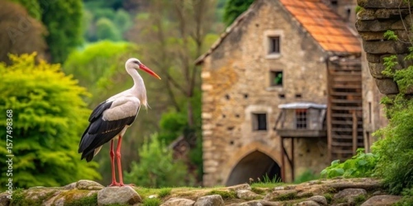 Fototapeta A graceful white stork stands majestically on moss-covered rocks, overlooking a quaint, aged stone structure nestled amidst lush greenery.