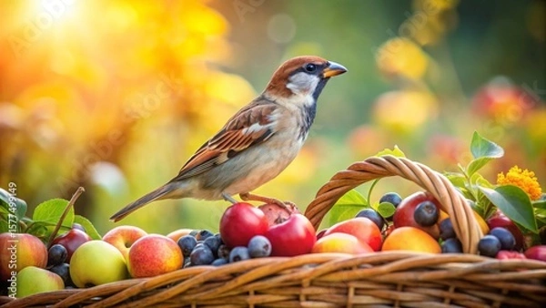Fototapeta A small bird perched on a wicker basket overflowing with a colorful assortment of ripe summer fruits, bathed in warm sunlight.