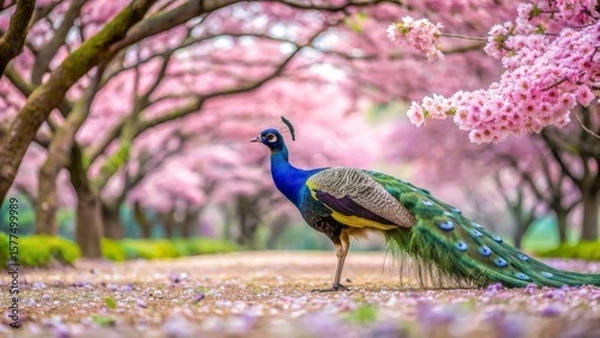 Fototapeta A Majestic Peacock Amidst a Delicate Canopy of Blossoming Pink Trees in a Serene Garden Setting