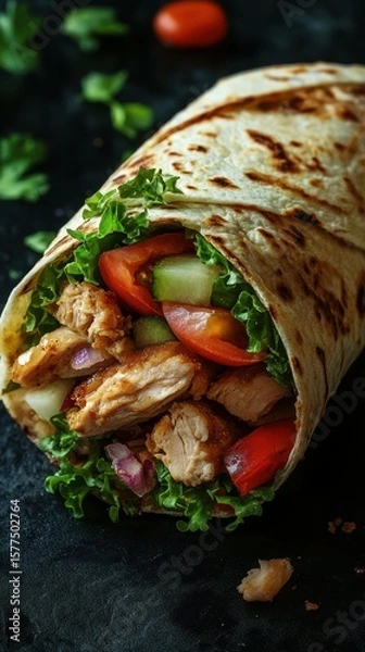 Fototapeta Delicious wrap filled with grilled chicken, fresh vegetables, and herbs on a dark background