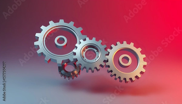 Obraz Abstract metallic gears floating against a gradient background, symbolizing innovation and mechanics.