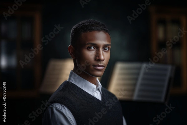 Obraz Dark-skinned school boy standing in classroom with musical notes in background