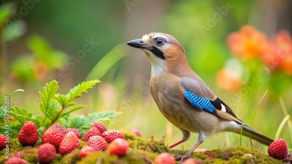 Fototapeta A Vibrant Eurasian Jay Perched Amidst a Cluster of Wild Strawberries in a Lush Green Meadow