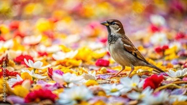 Fototapeta A small bird amidst a vibrant tapestry of colorful petals, basking in the warm glow of the sun's rays.