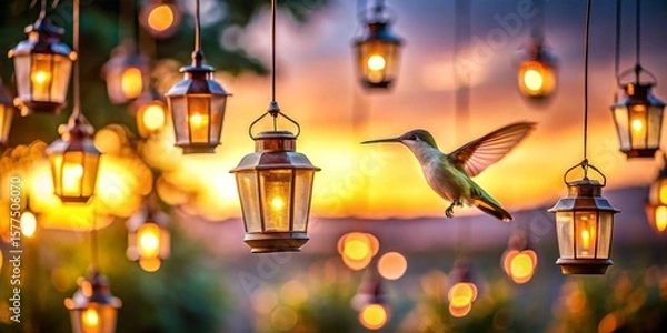 Fototapeta A Hummingbird in Flight at Sunset, Surrounded by Glowing Lanterns Hanging from Trees, Creating a Magical and Serene Atmosphere