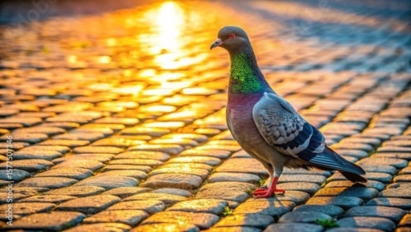 Fototapeta A lone pigeon stands on a cobblestone path bathed in the warm glow of the setting sun, its iridescent plumage shimmering