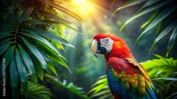 Fototapeta A vibrant scarlet macaw rests amidst lush, sun-dappled tropical foliage, its plumage a breathtaking display of color against the deep green backdrop.