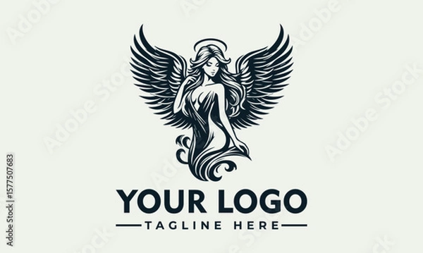 Fototapeta Angelic woman with wings and halo, stylized in a black and white vector illustration.