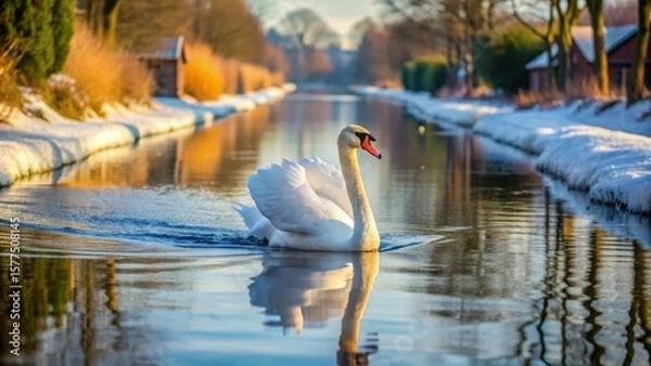 Fototapeta Serene Swan Gliding on a Winter Canal, Its Graceful Reflection Mirrored in the Calm Waters, Sunlit Banks Dusted with a Light Snowfall
