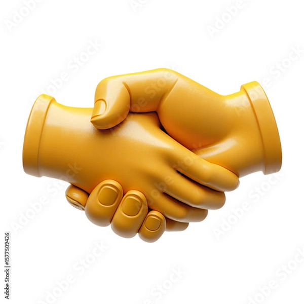 Fototapeta A 3D plasticine design, yellow, an icon of a handshake levitating in air isolated on a white transparent background