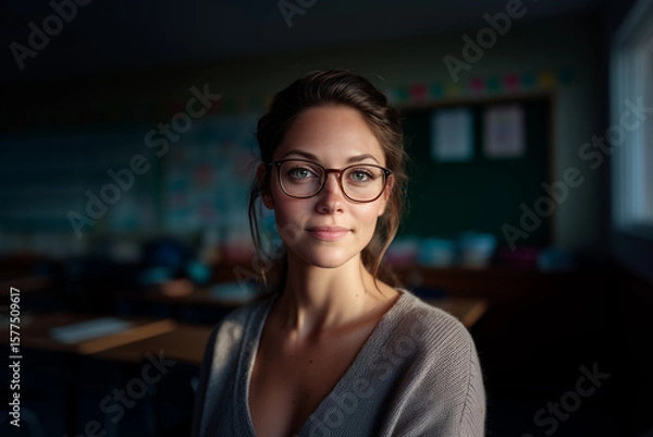 Obraz Smiling female teacher in gray t-shirt and glasses standing in classroom