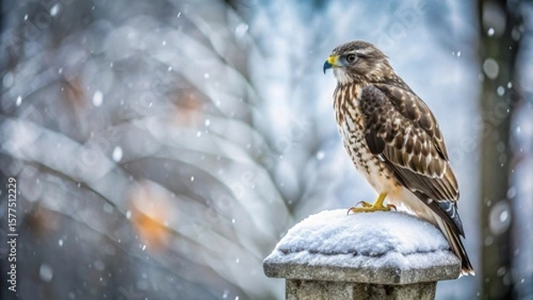 Fototapeta A majestic hawk perched on a snow-covered stone post during a gentle snowfall, amidst a blurred winter landscape