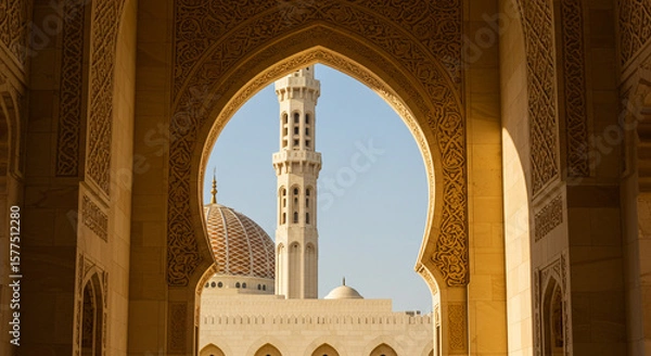 Fototapeta Framed view of a historical mosque tower with detailed archways in light tan hues showcasing oman