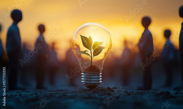 Fototapeta A light bulb with a growing plant stands out against a backdrop of silhouetted figures, symbolizing growth and innovation.