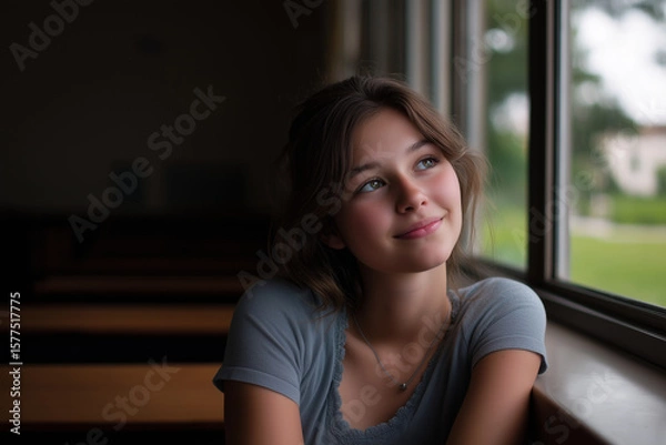 Obraz Brown-haired school girl with fair skin smiling while looking out the classroom window