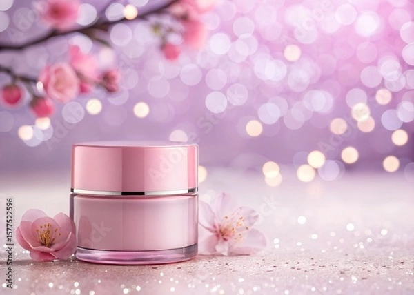 Obraz Elegant Pink Skincare Cream Jar with Cherry Blossoms and Bokeh Lights