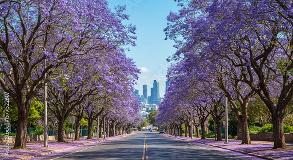 Fototapeta Jacaranda trees in bloom lining street with city skyline in the background
