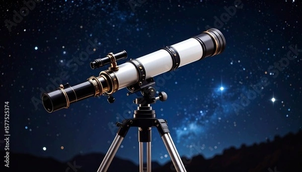 Fototapeta A beautiful telescope on a tripod, directed into the night sky, strewn with bright stars and vague. The image creates an atmosphere of astronomical observations.