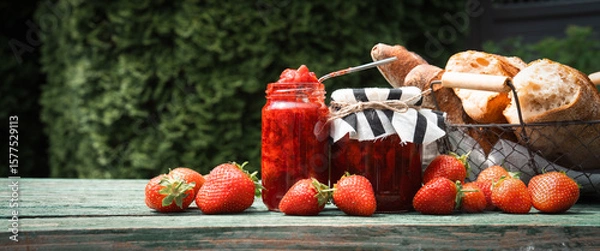 Obraz Homemade strawberry jam in a jar with fresh baguette on an old wooden table outdoors. Spread made from fresh seasonal fruit. Horizontal close-up.