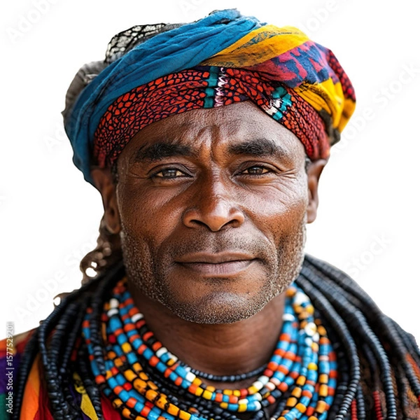Fototapeta Front view close-up of a Bemba man from Zambia isolated on a white transpatent background