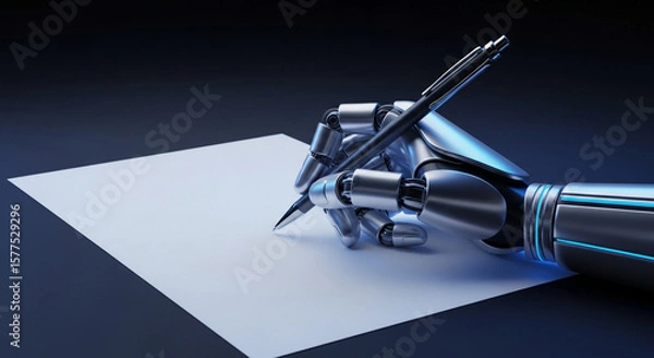 Fototapeta Ai writing robot hand writing on paper artificial intelligence automation tech